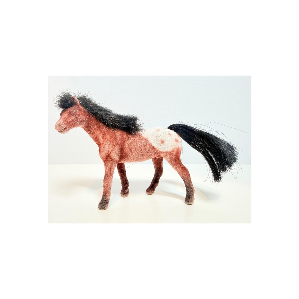Miniature Flocked Appaloosa Horse Figure Black Mane Tail 3.5" Unmarked